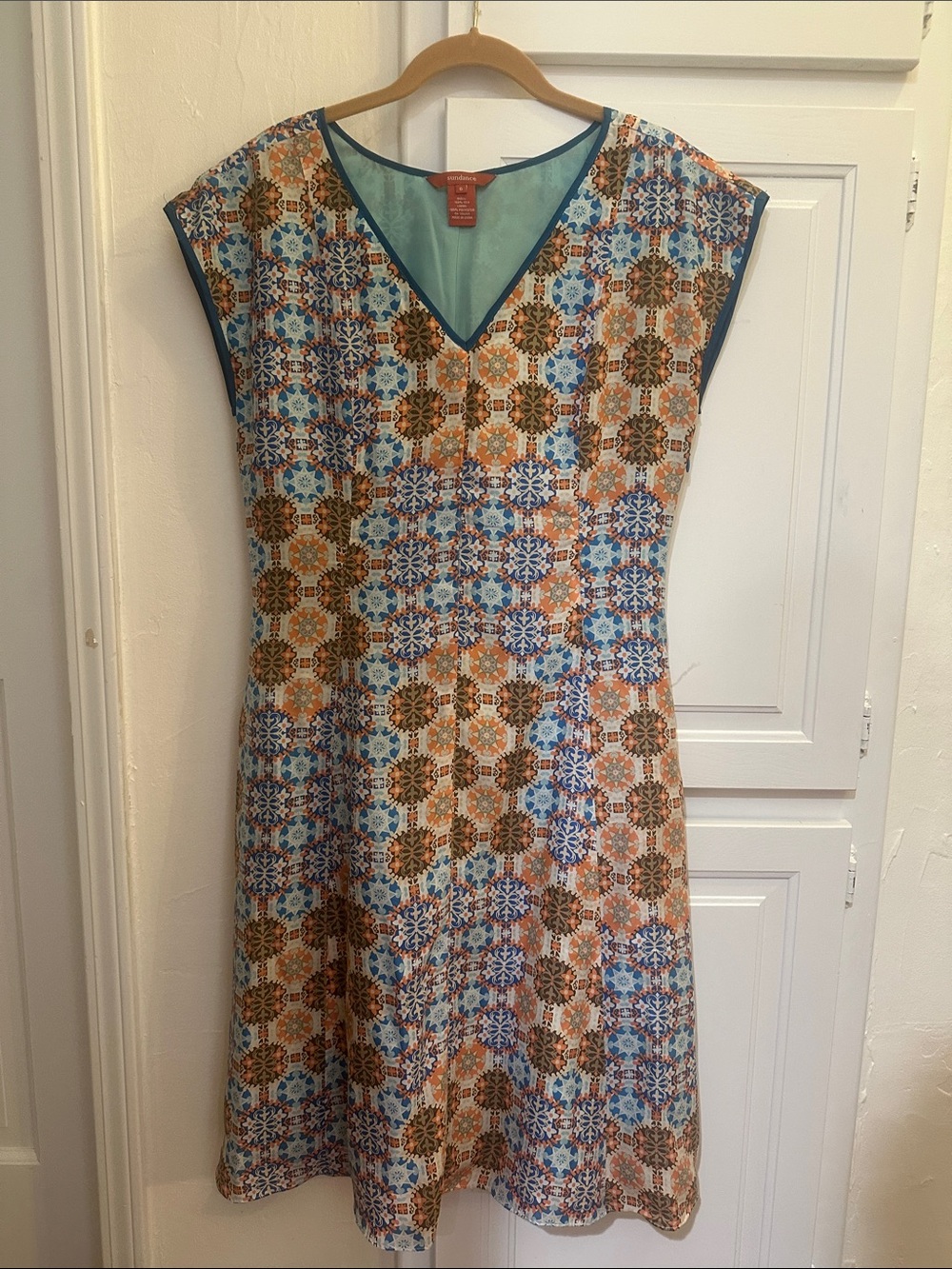 Sundance Geometric V-Neck Midi Dress in Blue & Orange